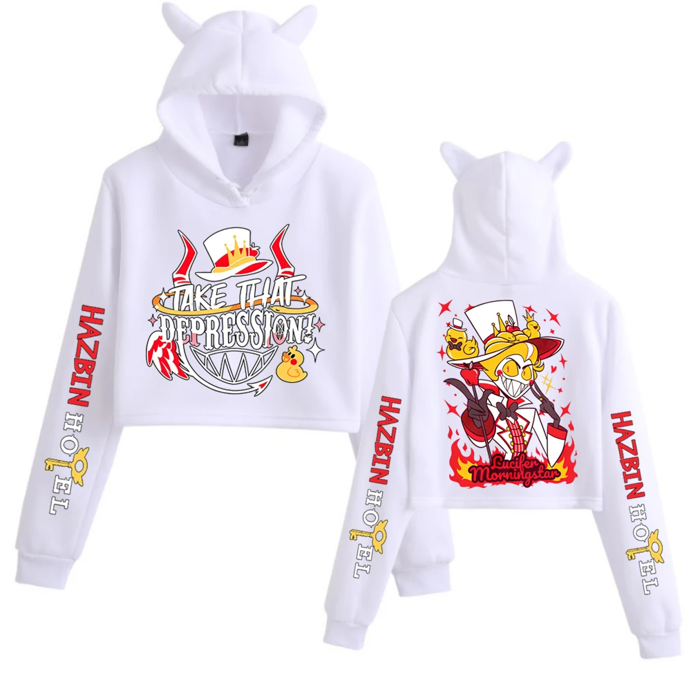 Hazbin Hotel Lucifer Diseño gráfico Crop Tops Sudadera Manga larga Crop Tops Niñas Moda Sudadera con capucha