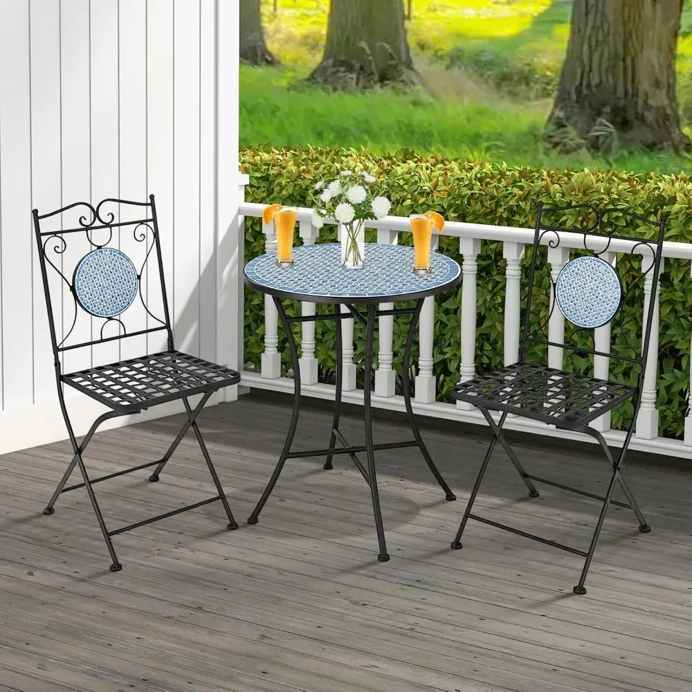 

3 Pieces Patio Bistro Set, Outdoor Garden Furniture Set with Mosaic Round Table and 2 Folding Chairs