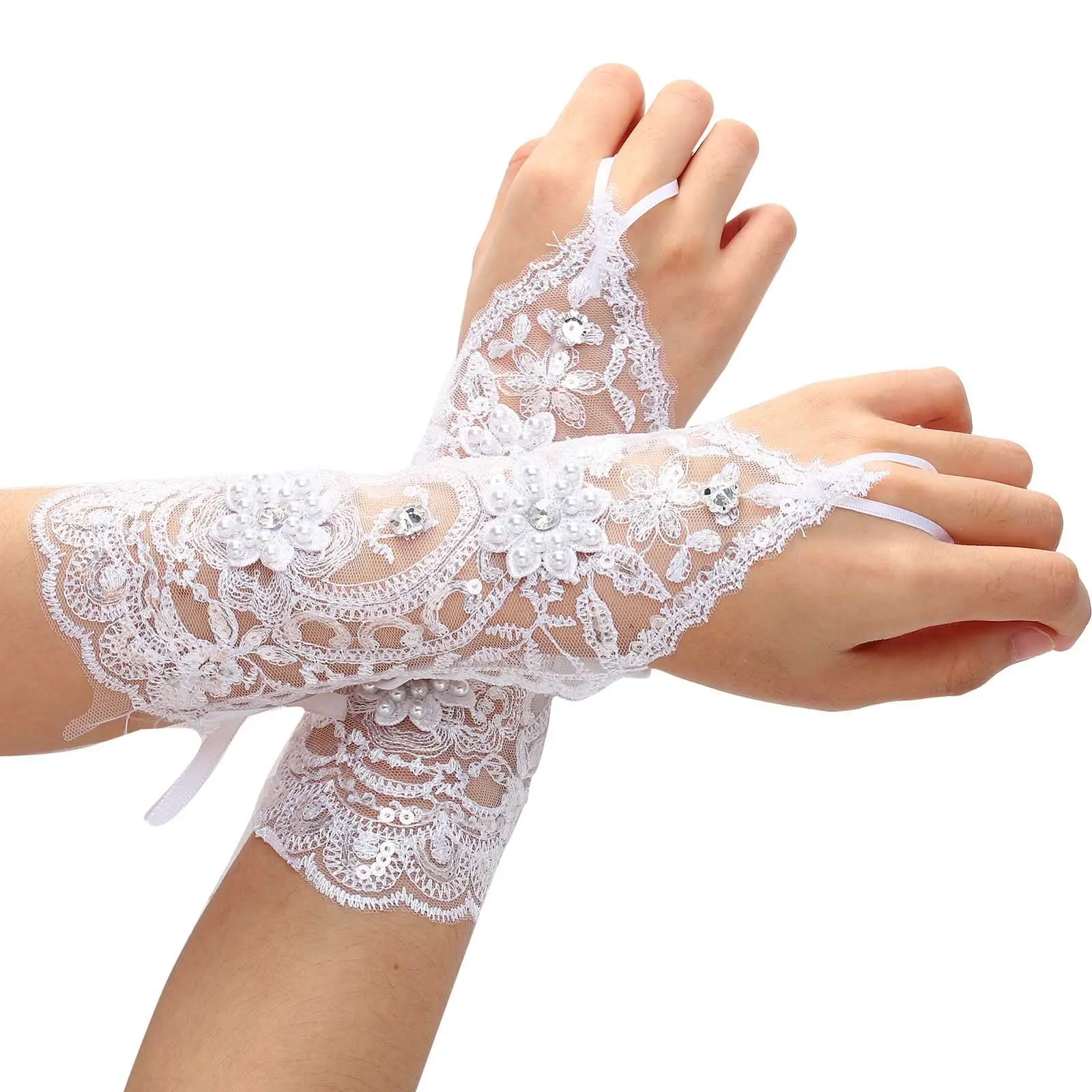 

Women' Wedding Lace Gloves Bridal Fingerless Tulle Gloves Crystal Sequins Wrist Cuffs White Hook Finger Gloves