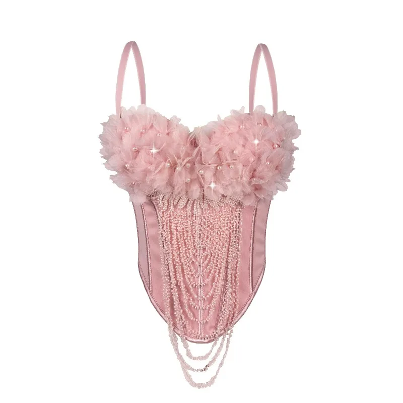 

Hot sweet Beading Corset Top Women Fashion Summer New Tassels Decoration Skinny Fishbone Bustier Bra Crop Tops