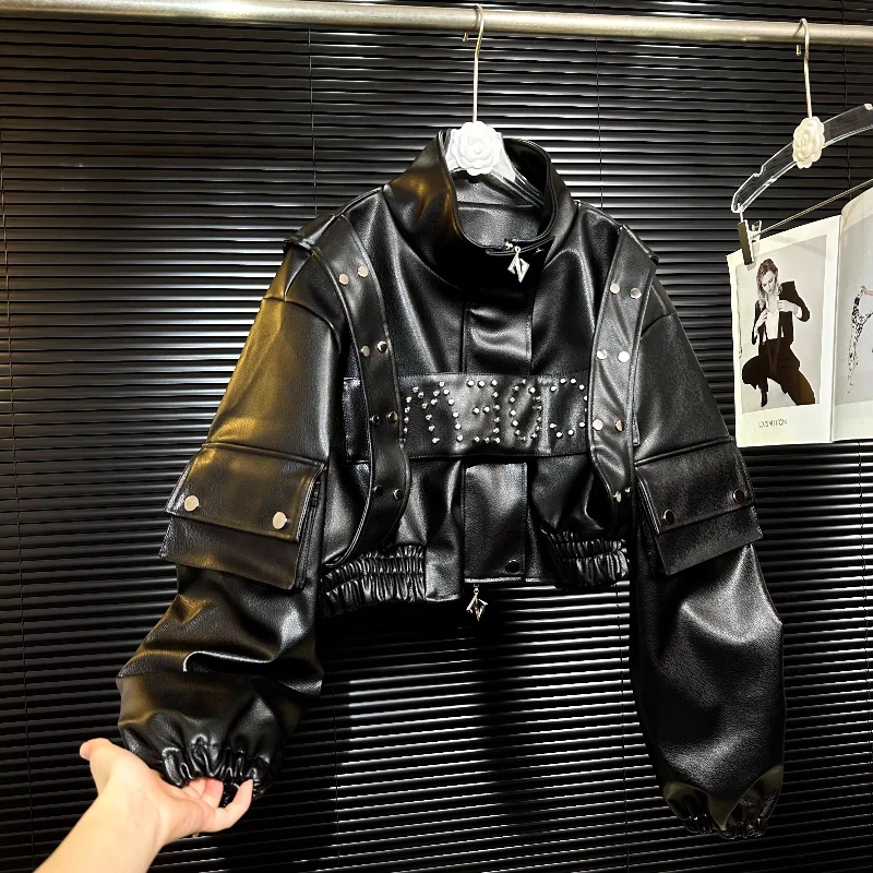 European Heavy Industry Sweet Cool Metal Rivet Large Pocket Pleated Women's Jacket Original Design Workwear PU Leather Coat Girl