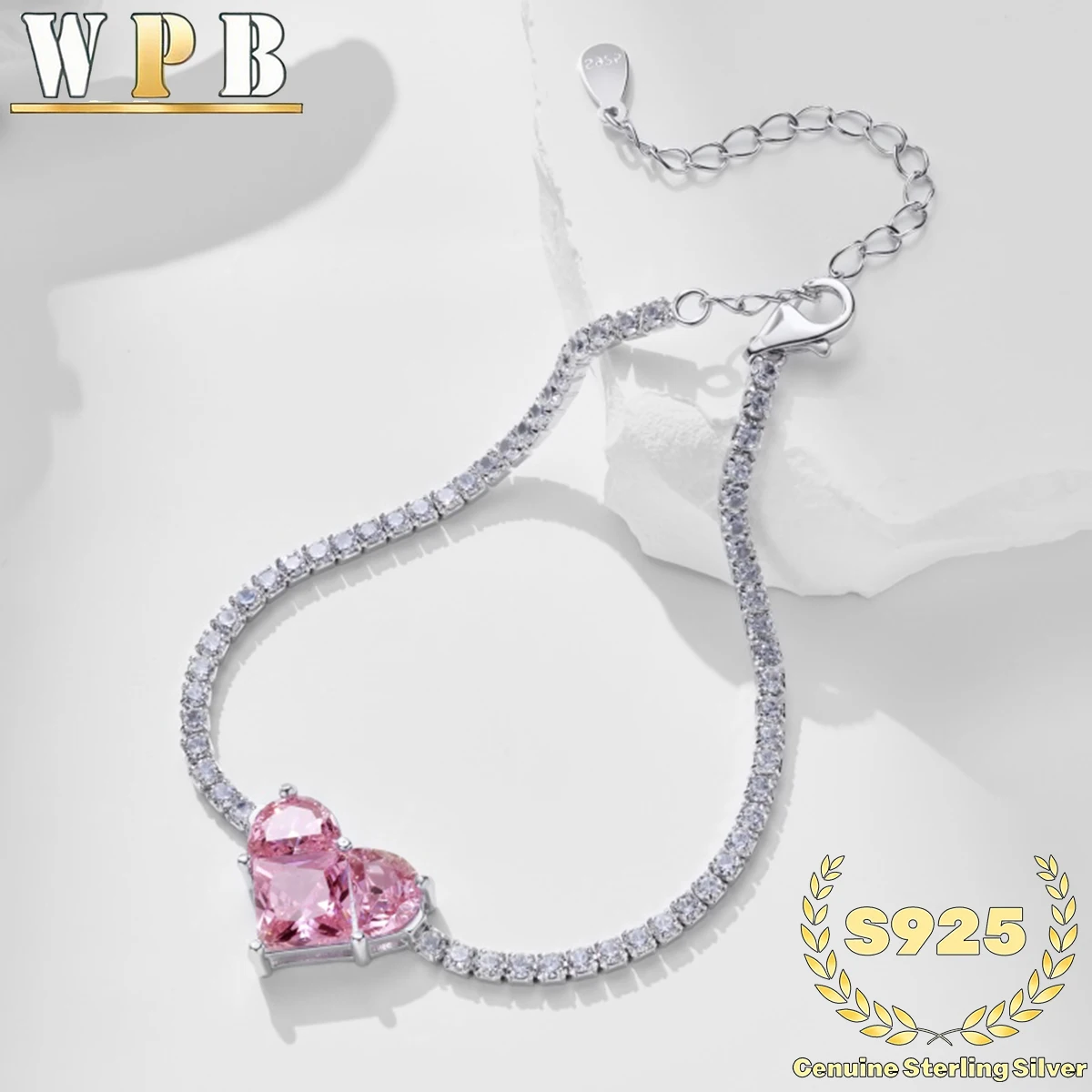‌Tennis Bracelet S925 Sterling Silver Pink Heart Zircon Pavé Setting Valentine Gift for Women Romantic Jewelry Anniversary