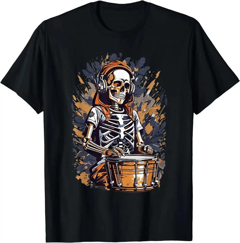 

New Skeleton DJ Drummer Scary Design Best Funny T-Shirt USA Tee Size S-5XL