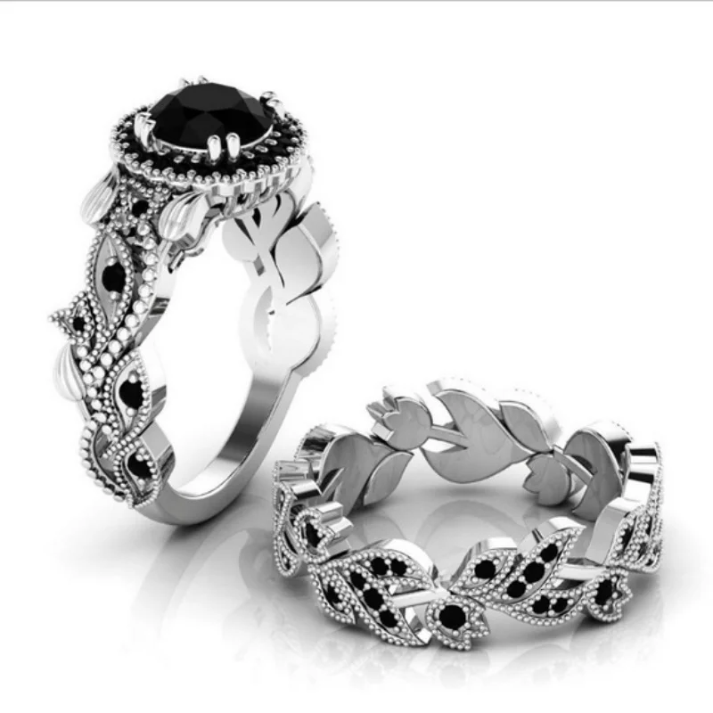 2 Pieces/set Exquisite Rose Gold Color Black Zircon Ring Vintage Flower Vine Inlaid with Champagne Stones Wedding Ring Set