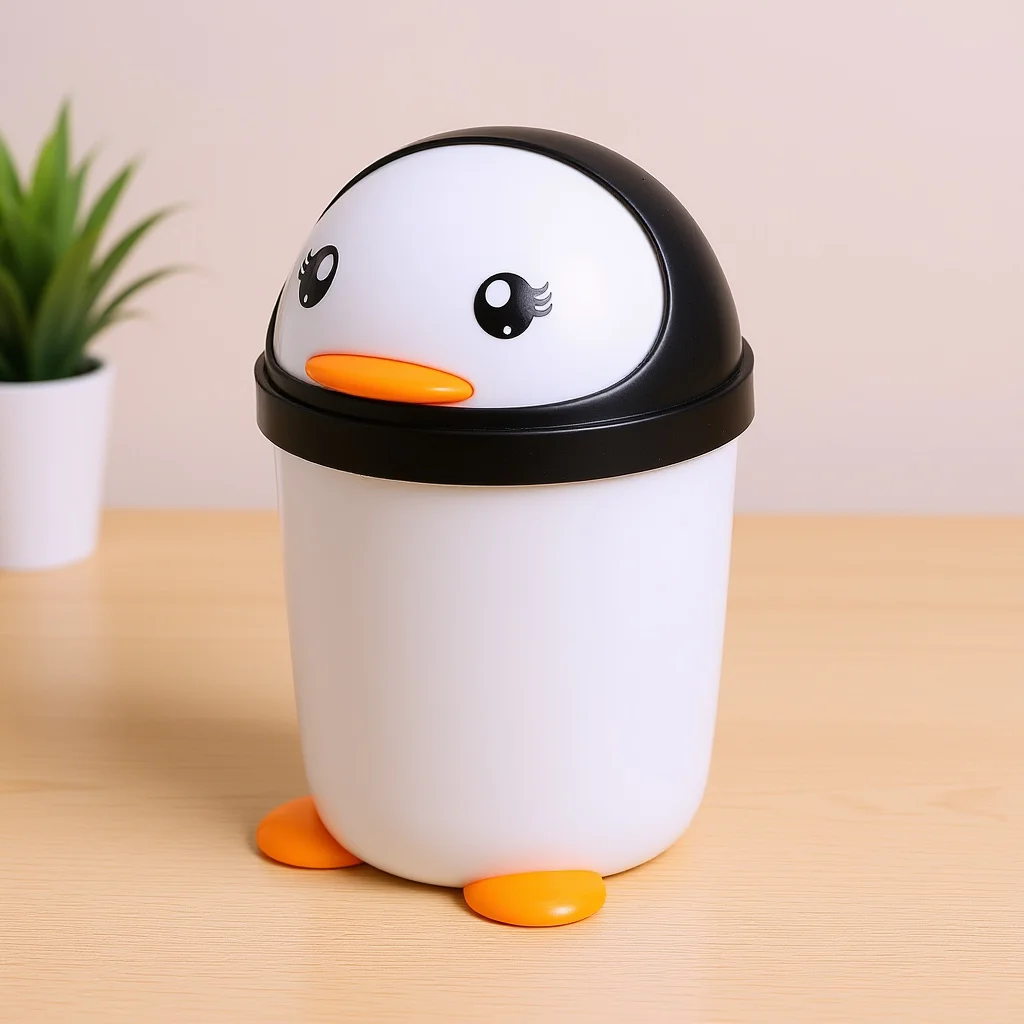 

Kawaii Penguin Shaped Trash Can with Front Swing Lid Mini Countertop Waste Bin for Bedroom Bathroom Office Home