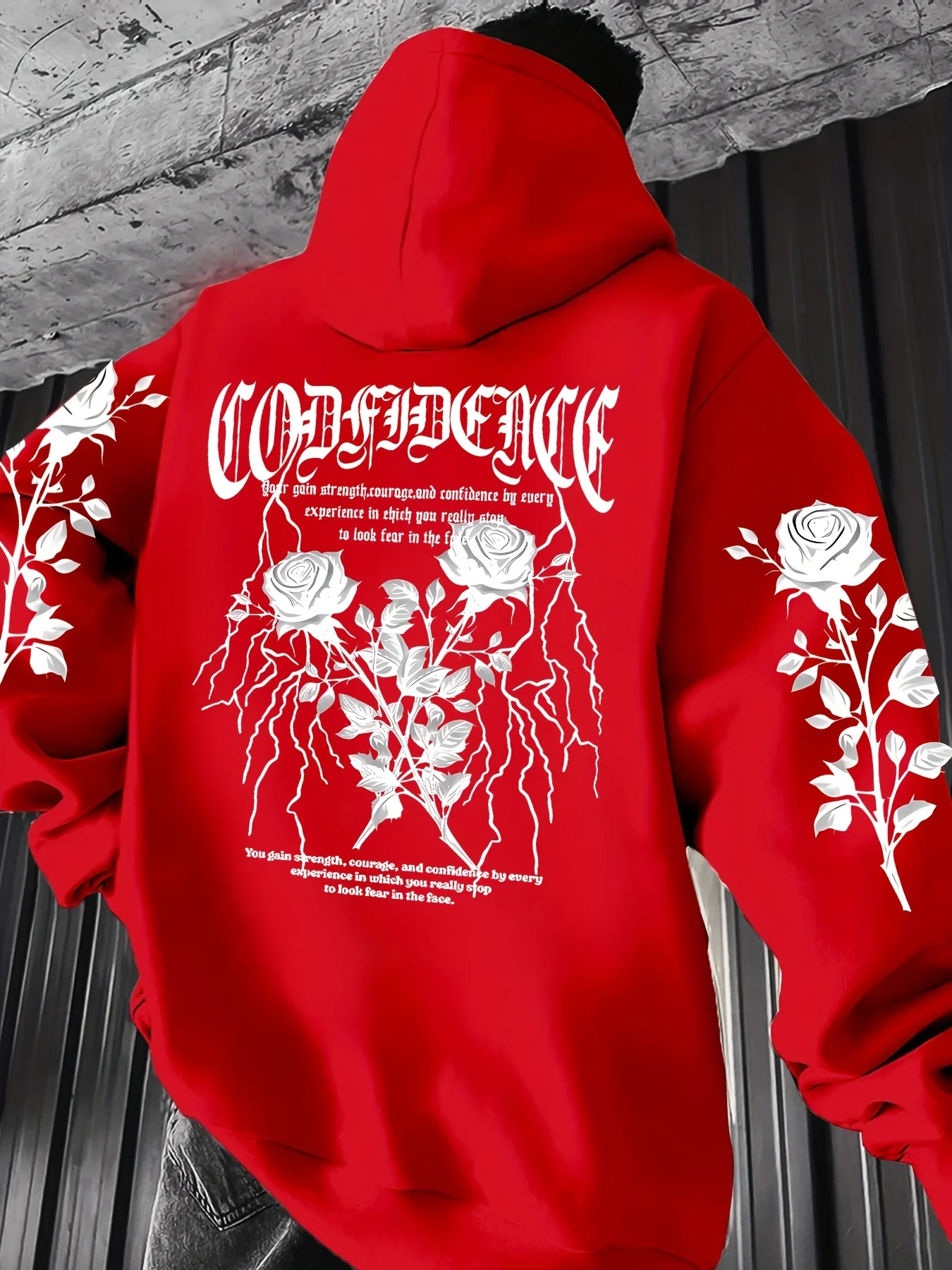 Herren Gothic Hoodie Weiß Rose Blitz Selbstvertrauen Slogan Grafikdruck Locker Sitzend Vintage Streetwear Pullover Sweatshirt Herbst – Detail 2