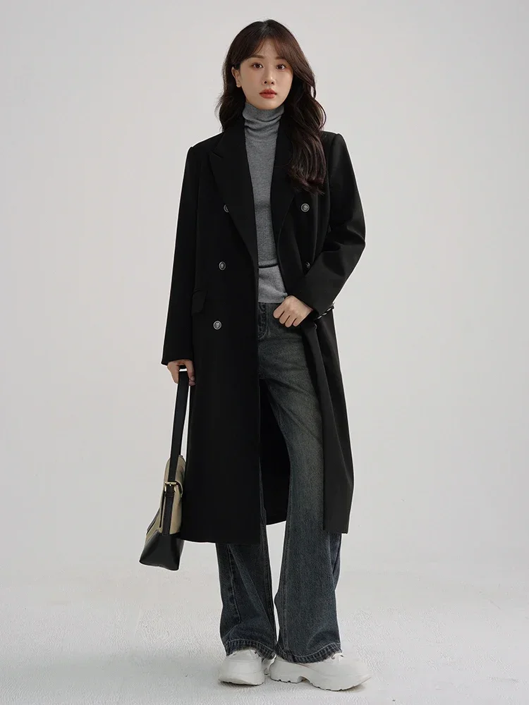 Korean Style Vintage Black Wool Coat Women Double-Breasted Elegant Retro Overcoat with Button Details for Autumn Winter Fashion