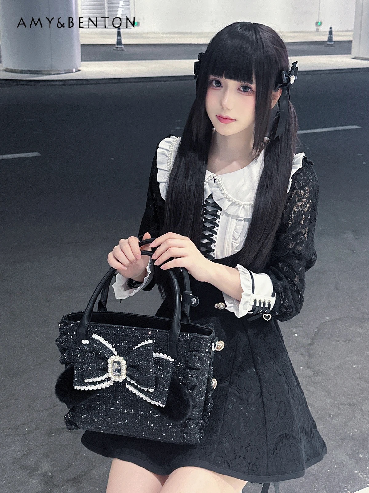 Sweet Cute Handbag Original Mine Series Mass-Produced Japanese Bow Beaded Plush Handbag Versatile Kawaii Woolen Crossbody Bag