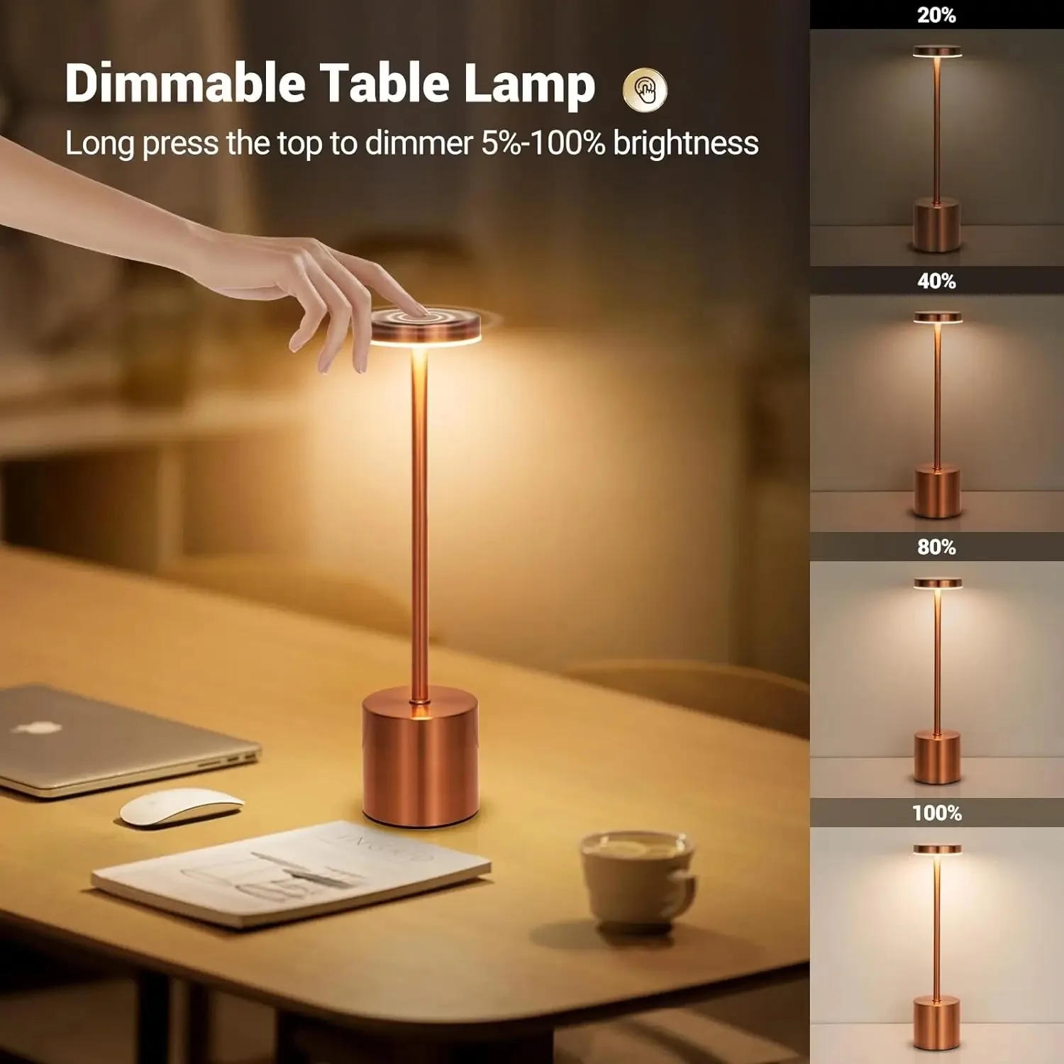 3 Colors Rechargeable Alloy Cordless LED Table Lamp Touch Switch Night Light Nordic Style Home Bar Restaurant Ambiance Desk Lamp