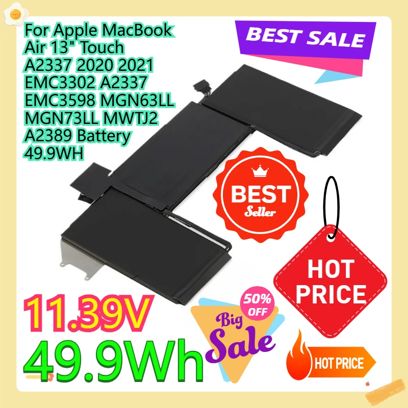 

For Apple MacBook Air 13" Touch A2337 2020 2021 EMC3302 A2337 EMC3598 MGN63LL MGN73LL MWTJ2 A2389 Battery 49.9WH