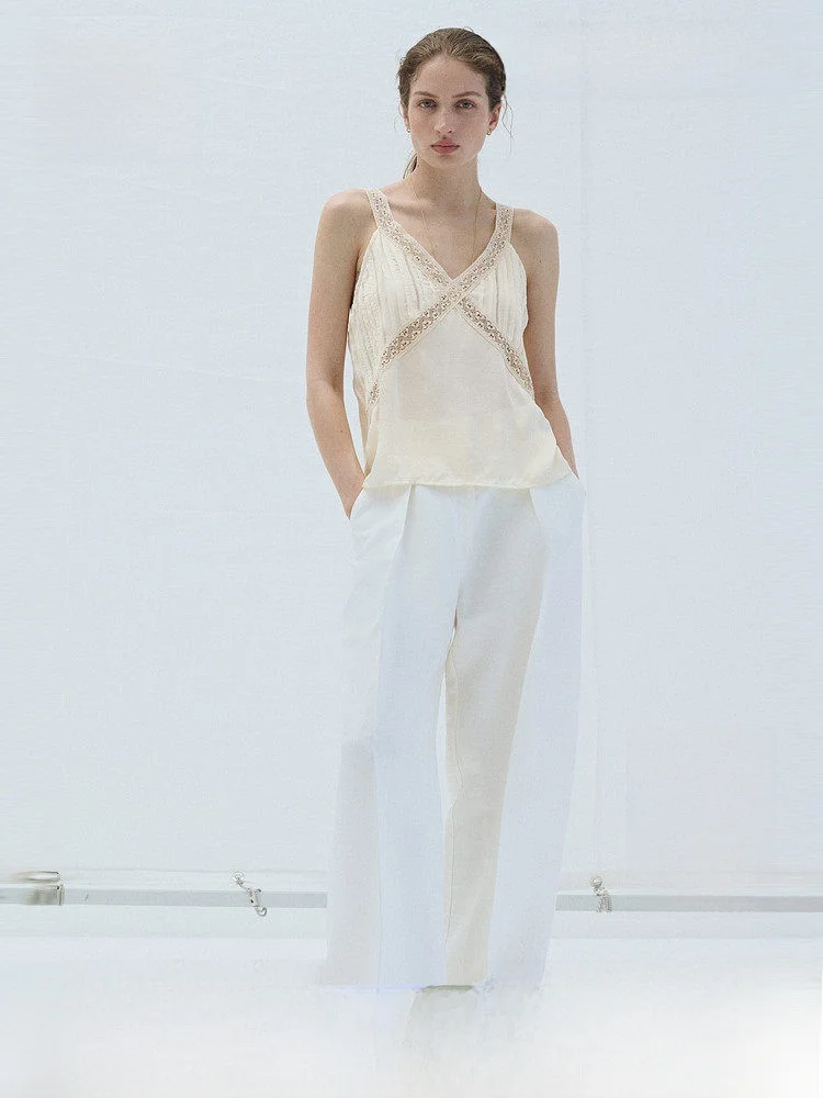 

H&M Summer New Women's Lace Trim Pleated Top V-neck Regular Length Outerwear Modal Fiber Blend Casual Fashion Ladies' Vest