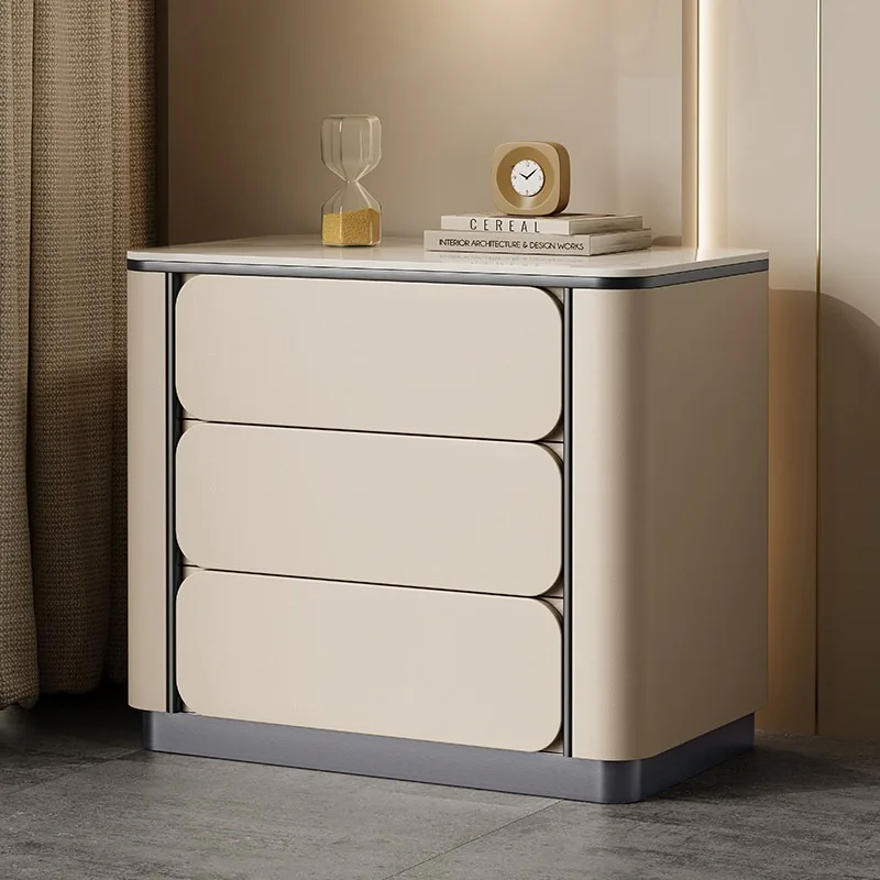 Minimal light luxury rock slab solid wood bedside table premium feeling bedside cabinet Italian stainless steel electroplated st