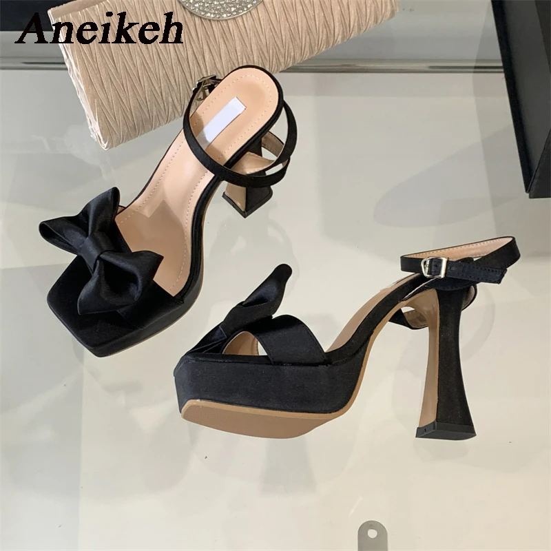 Aneikeh 2024 Silk Butterfly Buckle Lace Up Women\'s Sandals Fashion Sexy Square Toe High Heels Party Wedding 35-40