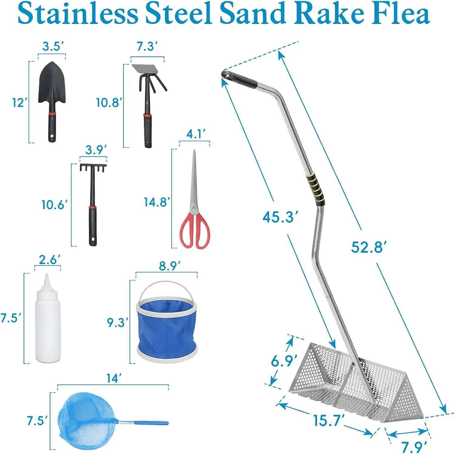 Sand Flea Rake with Detachable Long Handle for Beach | Stainless Steel Sand Sifter with 15.7 Inch Wide Basket for Collecting Sha