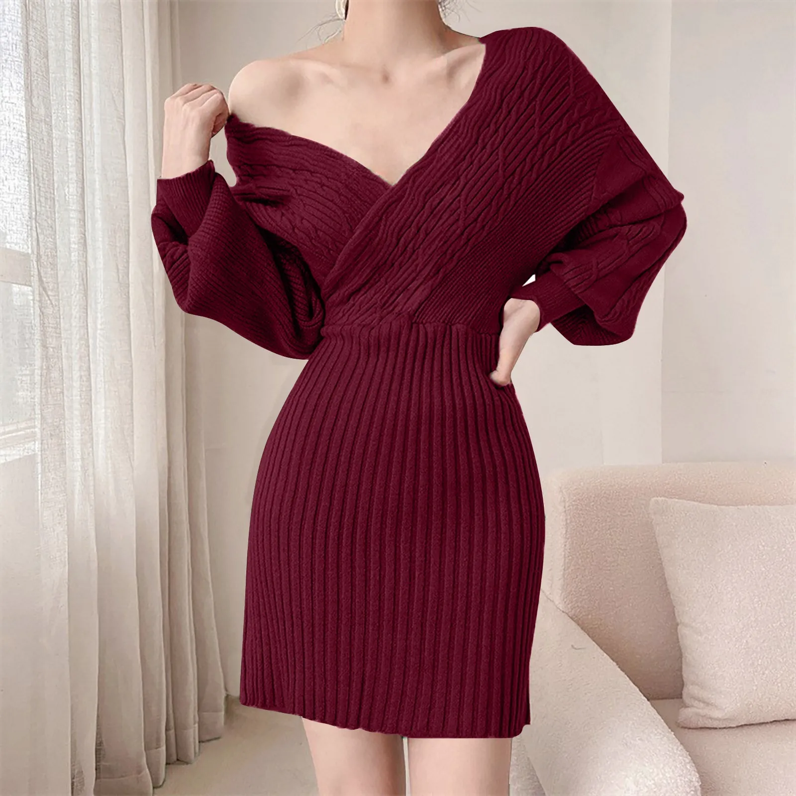 V Neck Autumn Winter Party Knitted Sweater Dresses Sexy Temperament Elegant Mini Dress Slim Fit Elegant Plain Dress Women