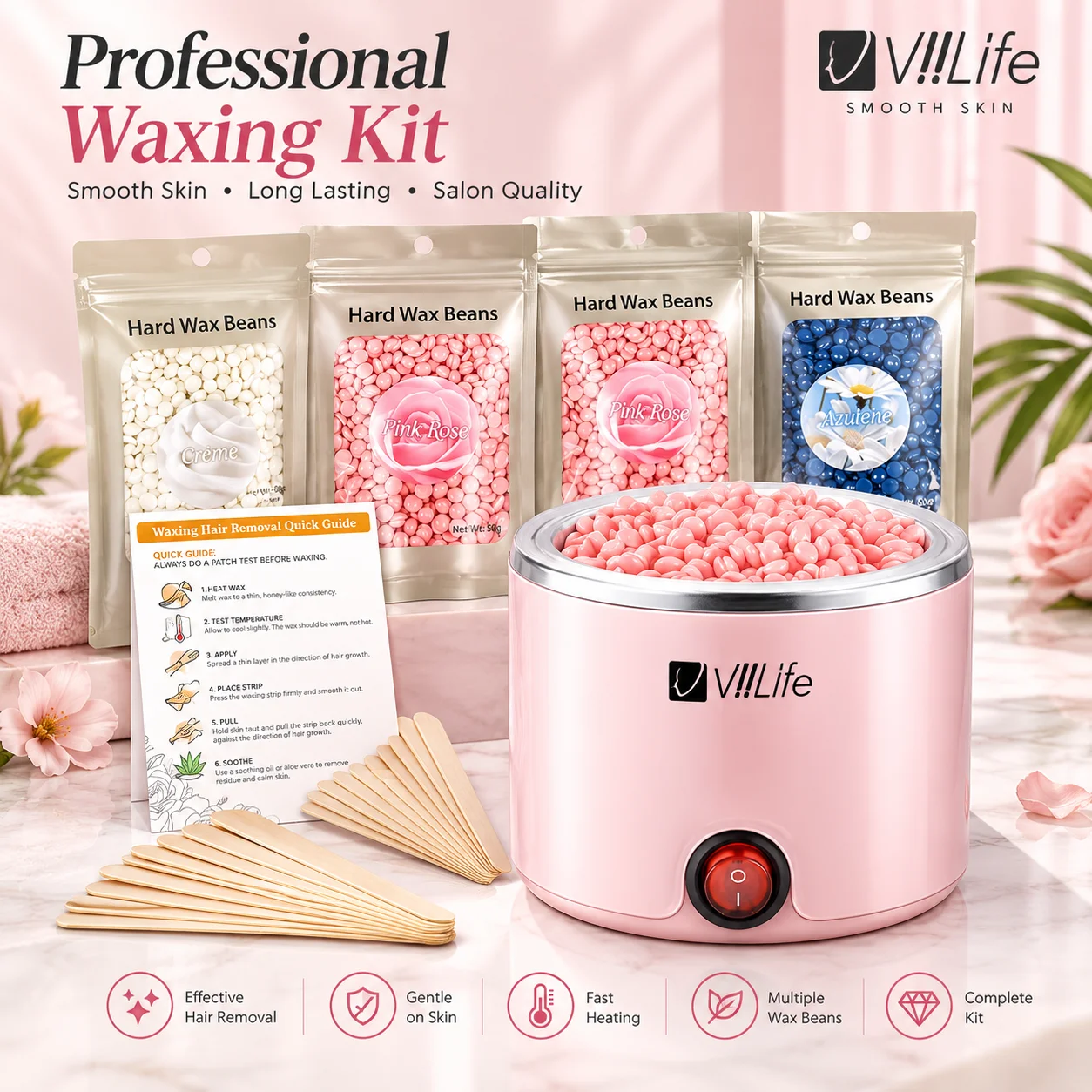 Viilife Waxing Kit, Wax Warmer Hair Removal Kit with Hard Wax Beans & Applicator Sticks, At Home Waxing Supplies for Legs, Arms, Bikini, Facial Hair Removal for Women & Men