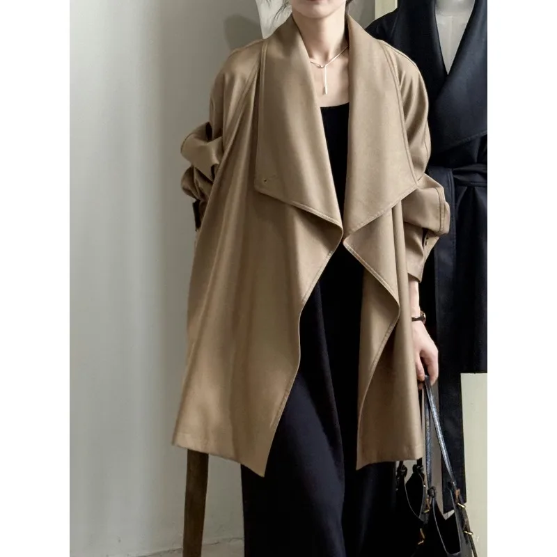 

SuperAen Loose Turn-down Collar Mid-length Trench Coat for Women Autumn New England Style Fashion Solid Color Coats