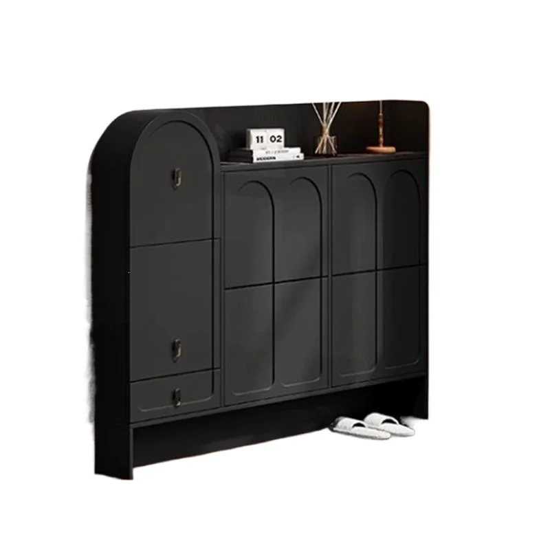 Simple French retro shoe cabinet, shoe stool integrated door entry against the wall Tipping bucket entrance Black solid wood