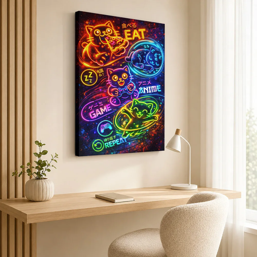 Neon Cats Enjoying Food, Games, and Anime Canvas Poster Personalized Gaming Anime Wall Paintings Decoration for Game Room Dorm
