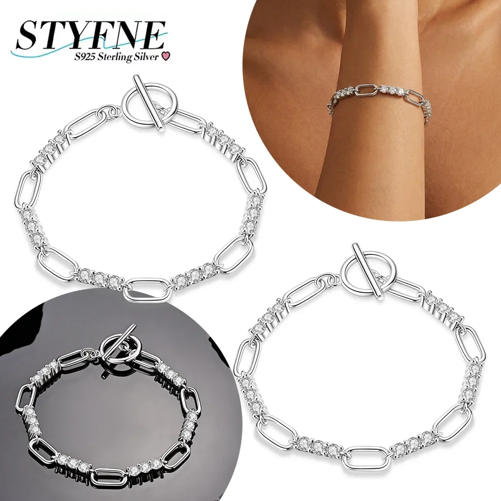 

Original 925 Silver Paperclip Link Bracelet with Inlaid Zircon OT Clasp Minimalist Chain Jewelry Gift for Women Party Daily Wear
