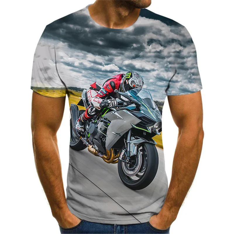 Moto & Biker Men T-Shirts 3D Locomotive Street Hip Hop Oversized T Shirt Short Sleeve Round-Neck Motorcycle Pattern Tee Big Size