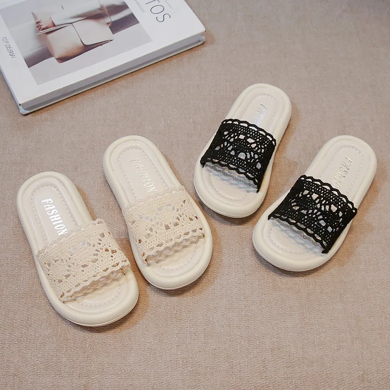 

2025 Summer Girls' Lace & Mesh Strappy Sandals - Open-Toe Beach Slides Fashionable Casual Princess Footwear for Kids slippers