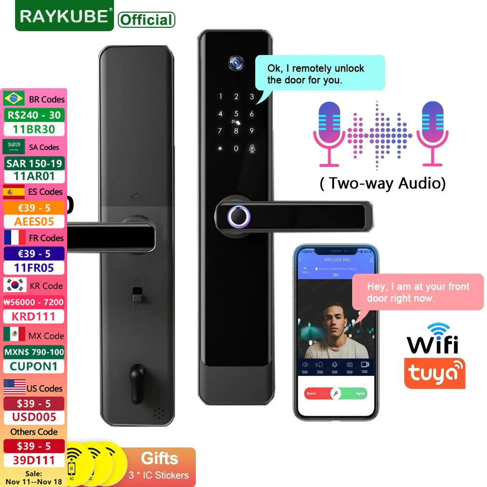 NEW RAYKUBE E90 Tuya Wifi Two-way Audio Video Intercom Fingerprint Camera Smart Door lock With APP Remote Unlock Video Recording