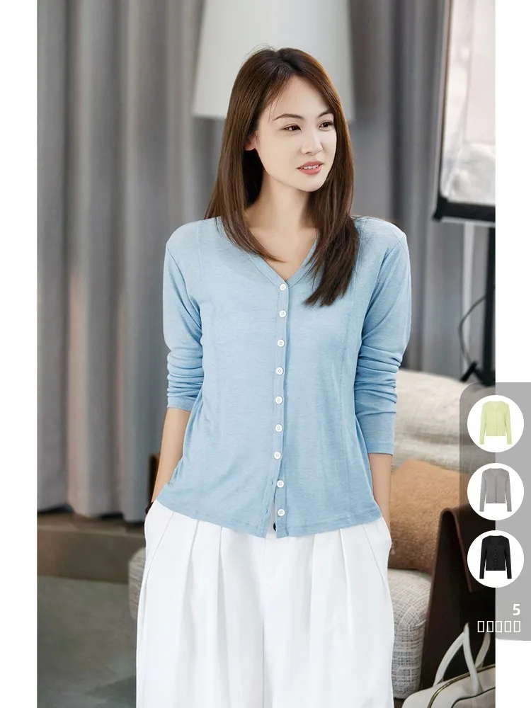 

MeiYang Double Line Silk Scarf Knitted Sweater Simple Commute Sle V-Ne Long Sve Button up Flowing Philosophy Lenzing