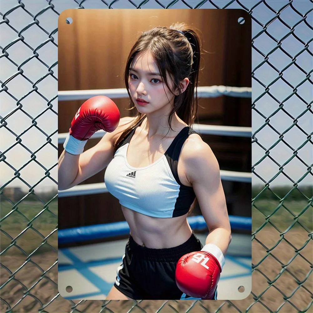 Vintage Boxing Girl Metal Sign, 8x12 Inch Retro Wall Art for Home Bar Cafe Bedroom Decor, Durable Metal Tin Poster