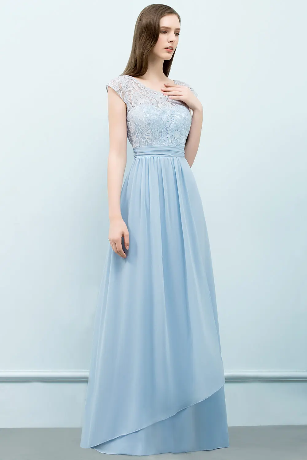 Sky Blue Chiffon Lace Bridesmaid Dress Women Cut Out Belt Wedding Formal Party Evening Prom Gown Robe De Soirée For Bride White