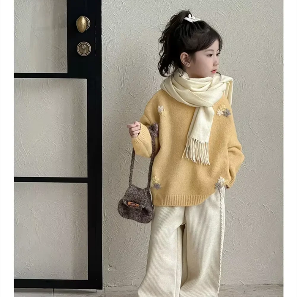 Girls Floral Knit Sweater Autumn Winter New Kids Warm Pullover Round Neck Long Sleeve Top Children Clothing 100-160CM