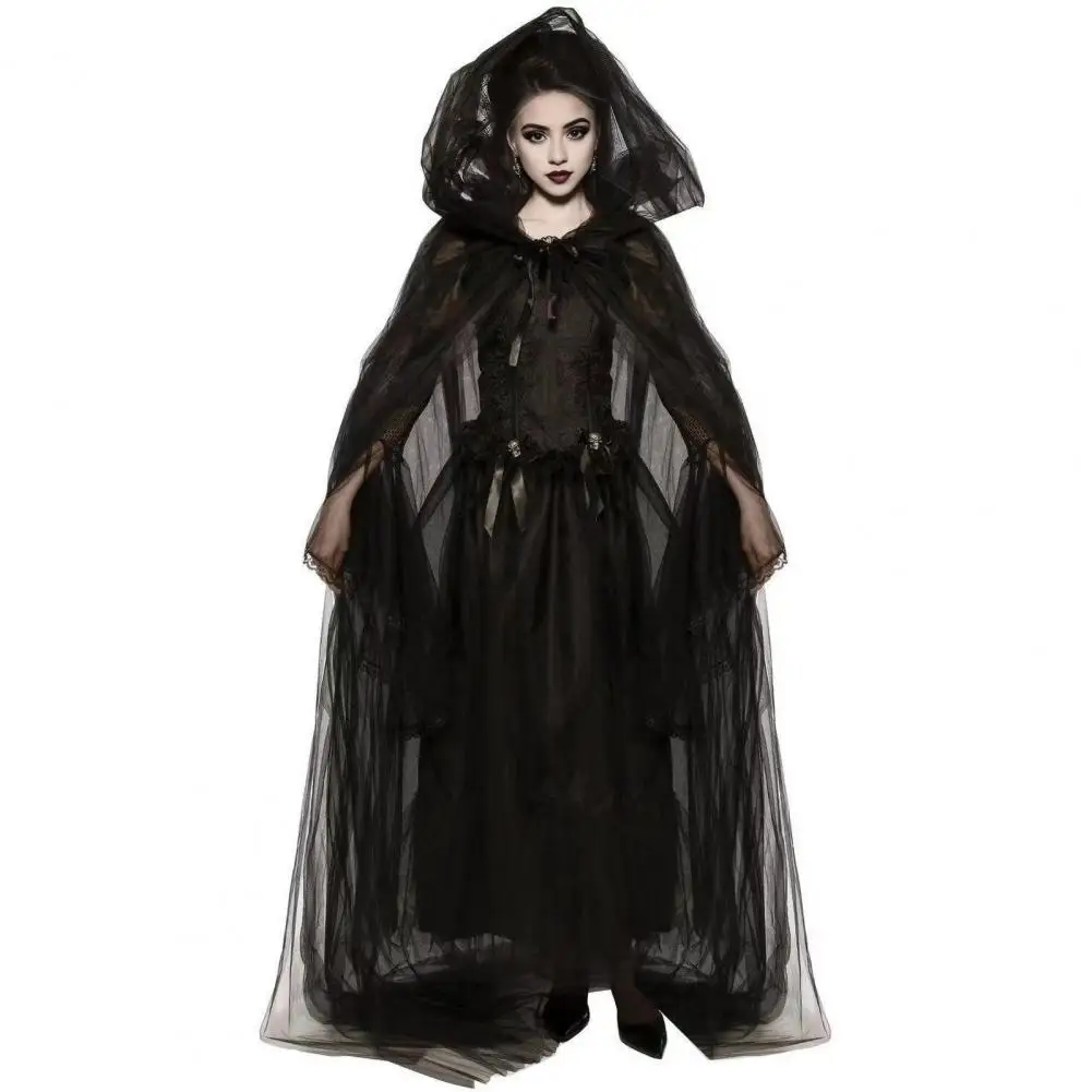 Role-playing Costume Prop Women's Halloween Witch Costume Set with Cloak Gloves Mesh Hood Dark Style Cosplay for Role-playing