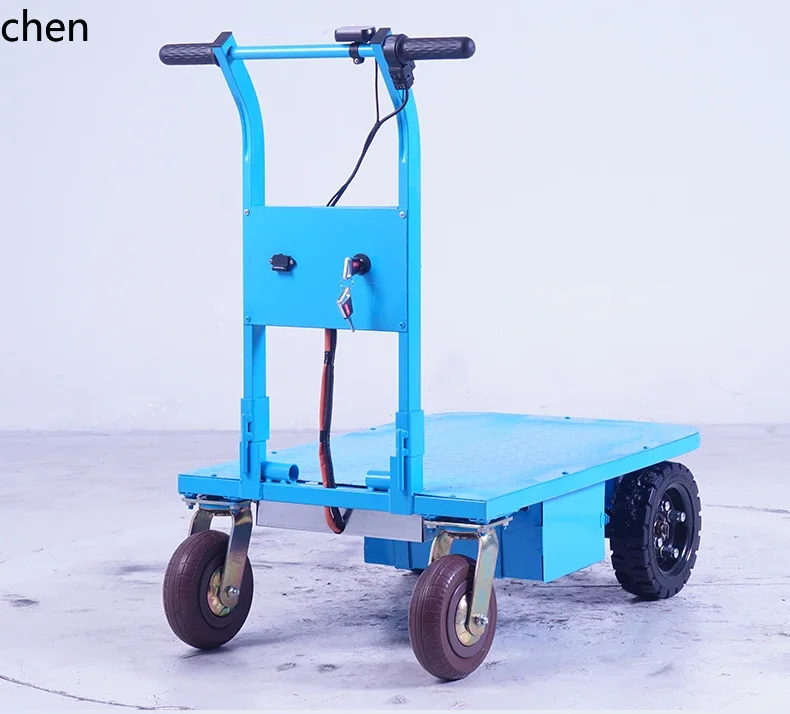 electric flat four-wheel hand push load king warehouse truck trailer construction site pulling cement sand into the elevator