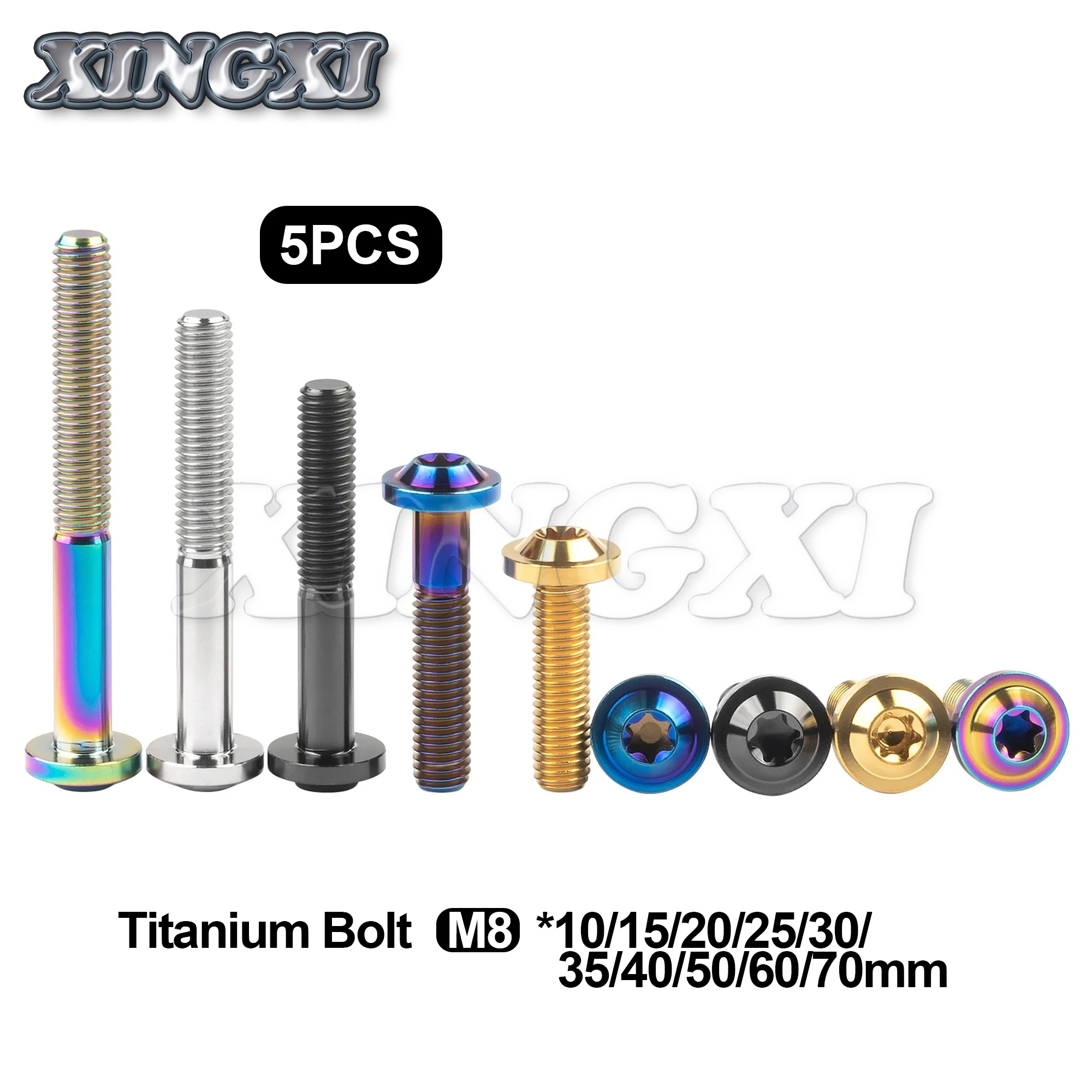 Xingxi 5Pcs M8 Ti Titanium Bolts M8x10 15 20 25 30 35 40 50 60 70mm T40 Torx Head Screws Bolt Titanium Fasteners 5 Color