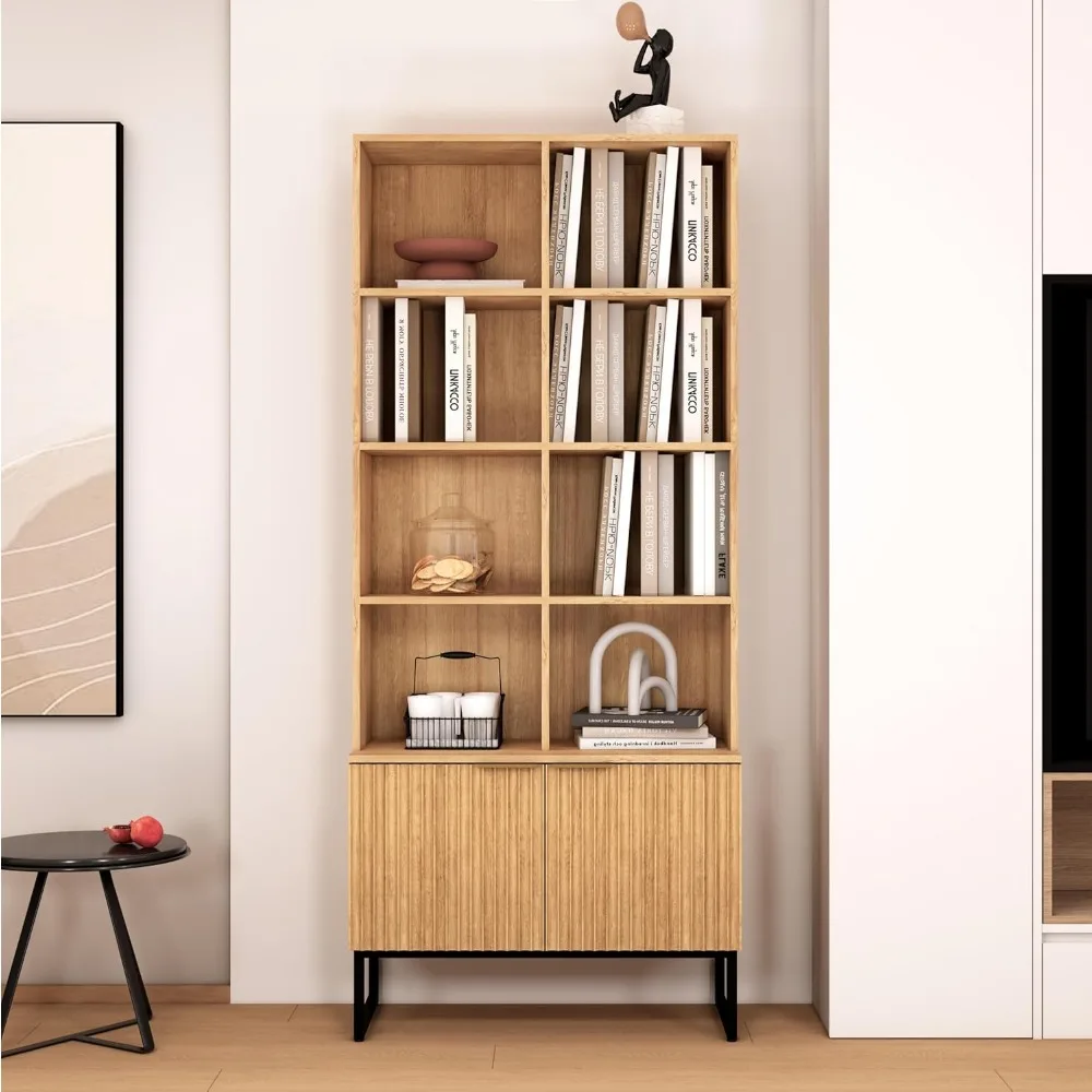 Fluted Bookshelf with Doors and Storage,4-Tier 71