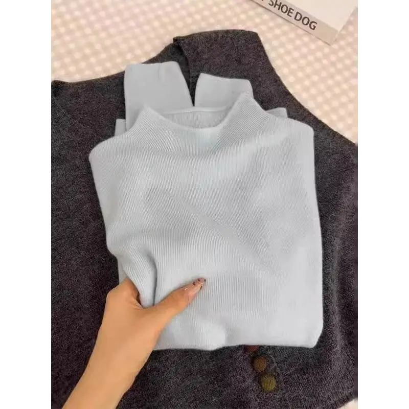 

Женский облегающий вязаный свитер Long Sve с высоким воротником, цветной базовый слой, топ для осеннего дизайна Sense Fufu Milk Pu...