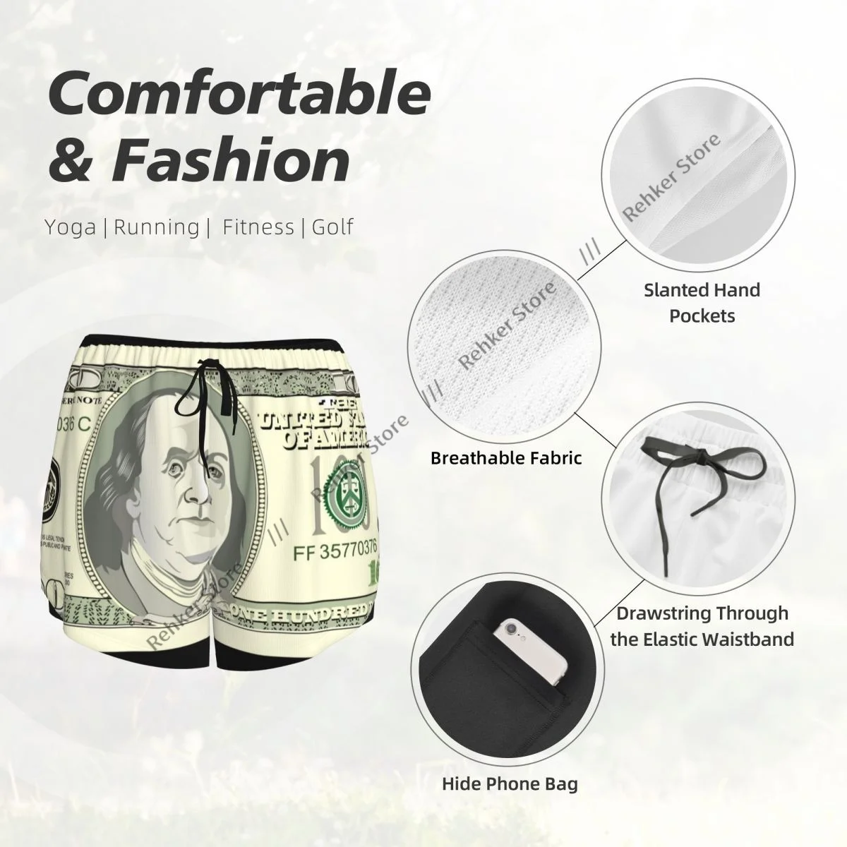 ワークアウトショーツ女性フィットネス速乾性二重層ショーツ百ドルプリントアスレチックヨガショートパンツジムレギンス