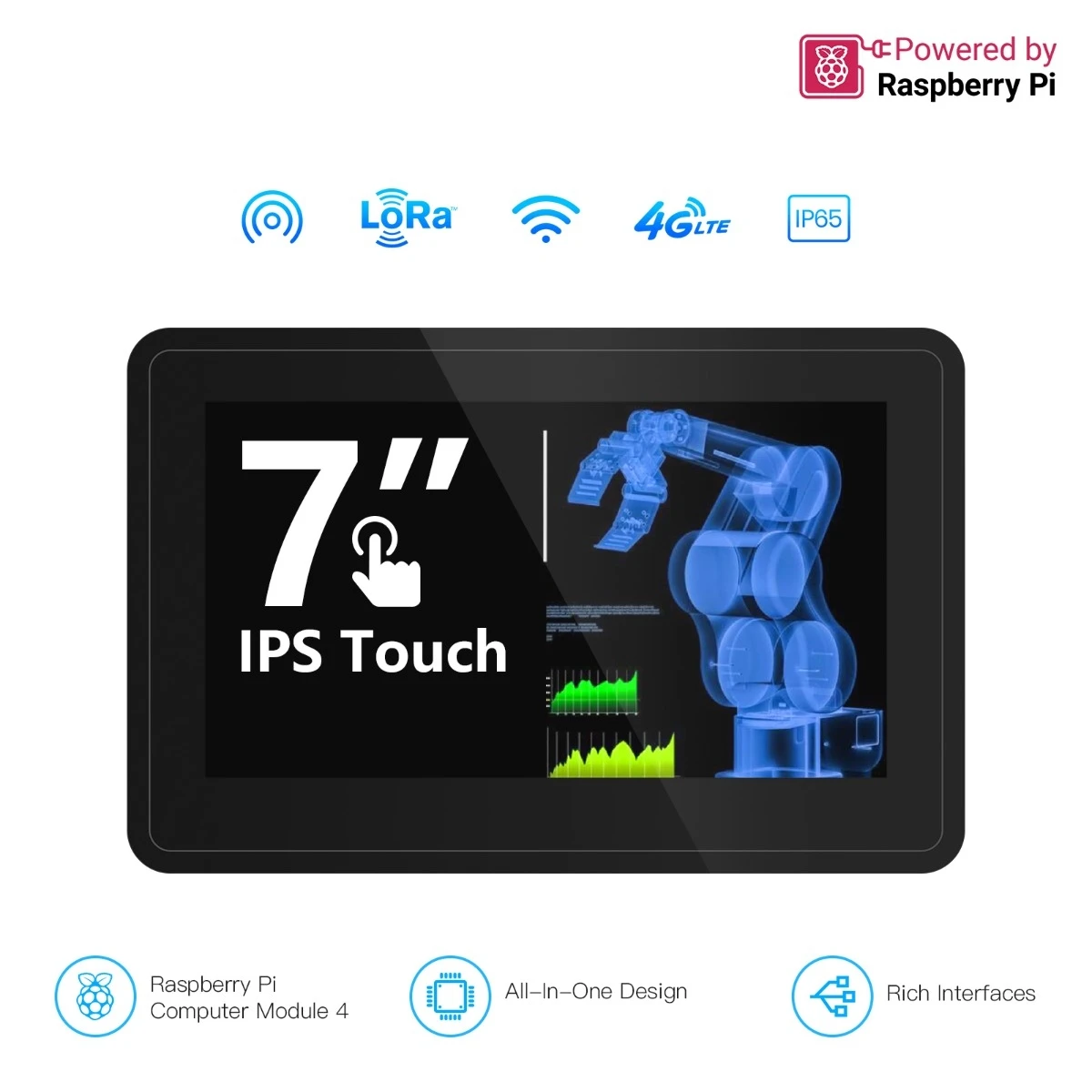 Raspberry Pi CM4 7 inch Display HMI Module Pi Terminal Support WiFi, BLE,4G&LoRa All-in-one Design with Industrial Interfaces