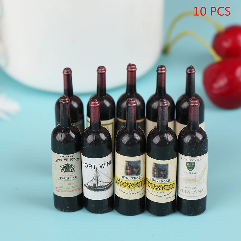 10 pçs 1/12 casa de bonecas em miniatura mini garrafa vinho conjunto com caixa simulação bebidas modelo brinquedos para casa boneca decoração acessórios