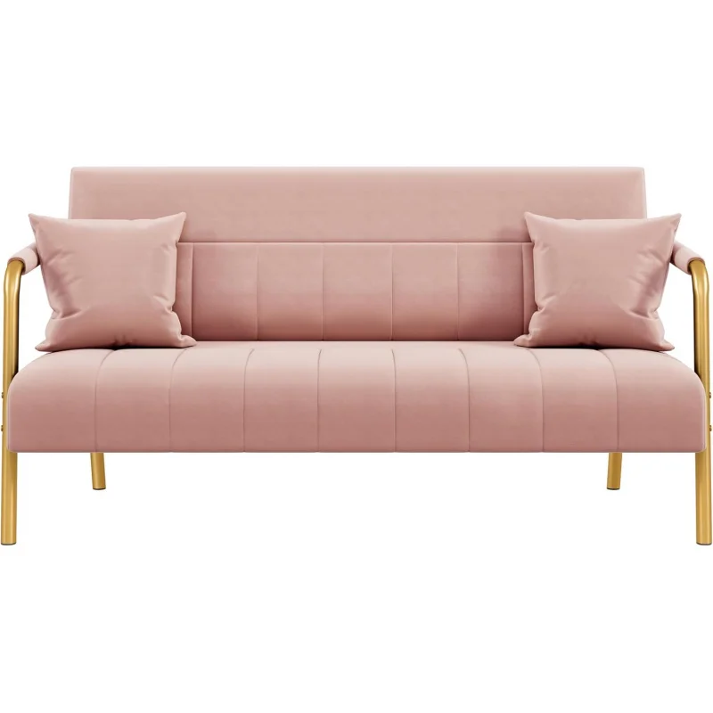

56.5"W Modern Small Sofa (Pink) – Luxurious Velvet Fabric, Gold-Tone Metal Arms & Legs, for Living Room/Home Office/Studio