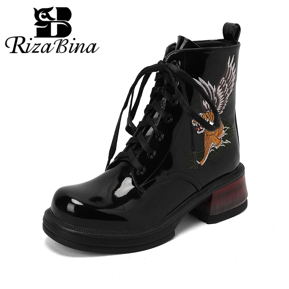 

RIZABINA New Women Ankle Boots Fashion Embroidery Design Platform High Heels Winter Shoes Lace Up Casual Short Boot Size 36-44