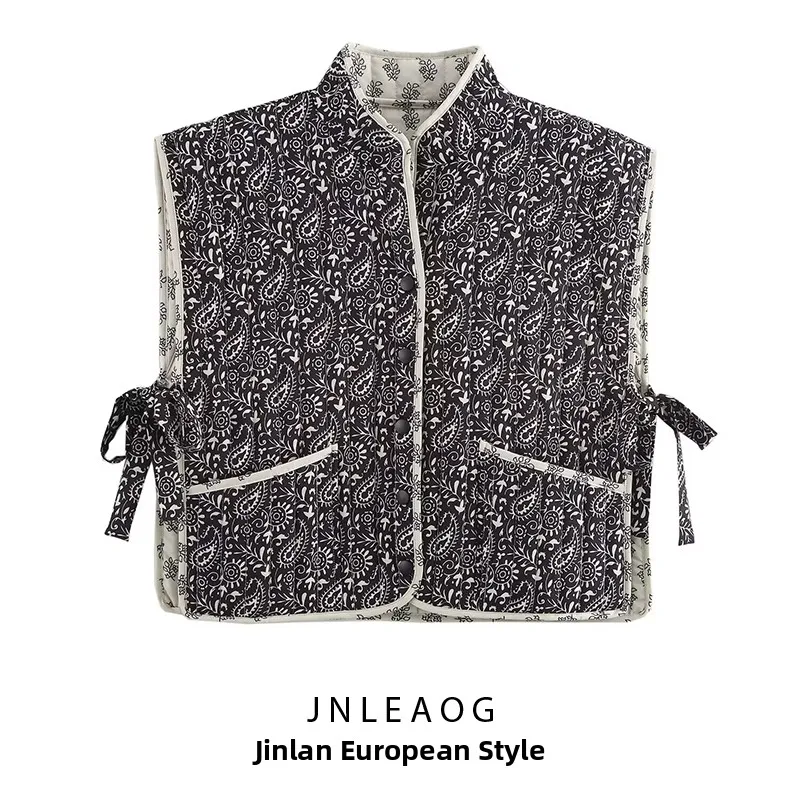 

JNLEAOG модный двусторонний хлопковый жилет, женский осенний новый жилет с принтом, круглый Ne No-Cuff, полиэфирное волокно
