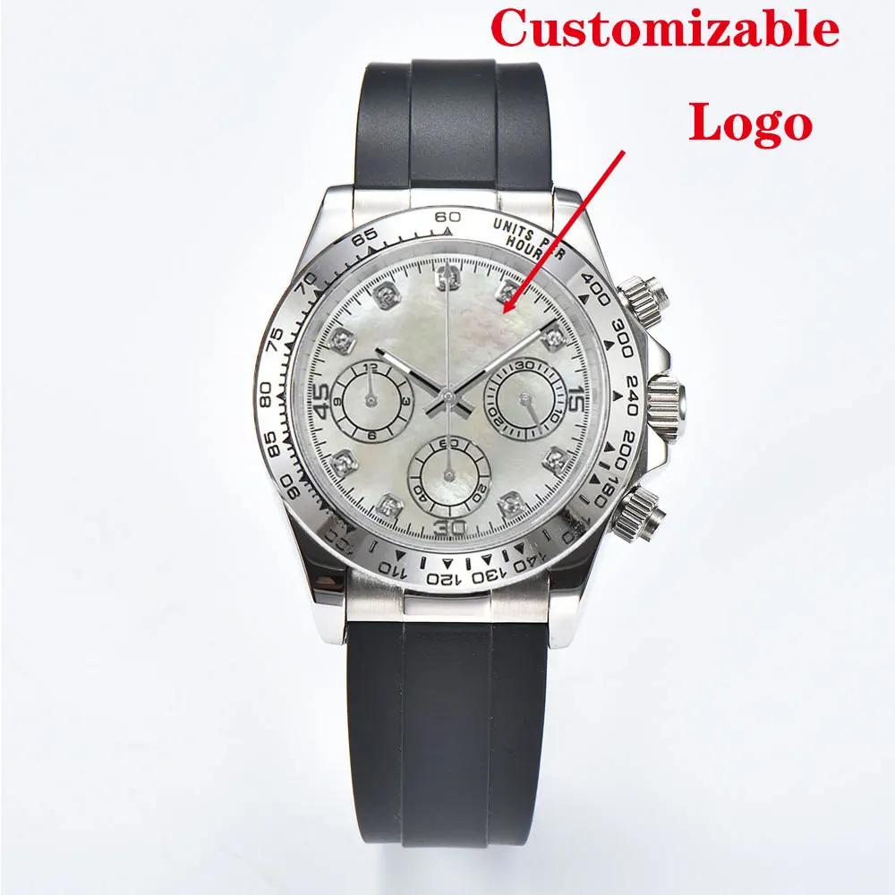 39 มม.เงินนาฬิกาข้อมือผู้ชาย VK63 การเคลื่อนไหวควอตซ์ chronograph Sapphire Glass ยางหรูหราธุรกิจผู้ชายนาฬิกาที่กําหนดเอง