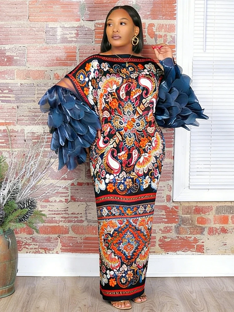 Plus Size Dresses Fashionable Women Abstract Print Long Maxi Dress Elegant Flared Feather Sleeve Flowy Summer Dress view 4