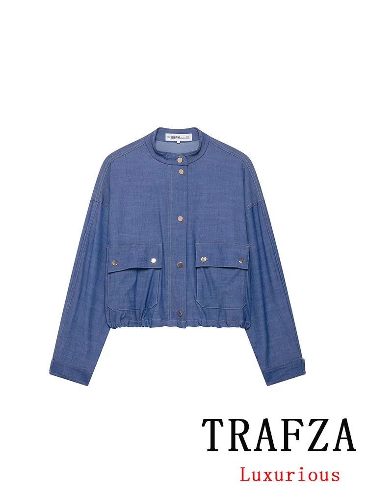 TRAFZA Vintage Casual Blue O-คอยาวแขนยาวเดี่ยวBreastedกระเป๋าแจ็คเก็ตใหม่แฟชั่น 2025 วันหยุดฤดูใบไม้ผลิหญิงเสื้อ