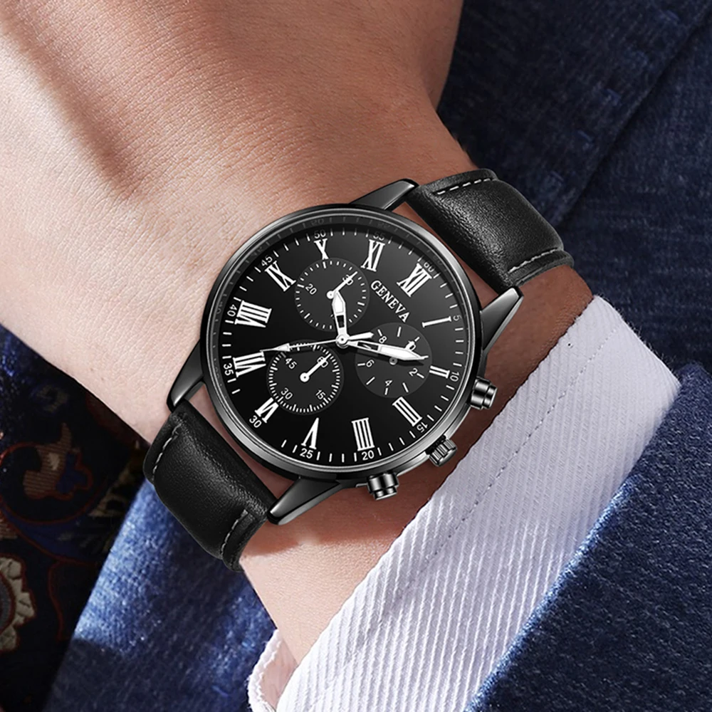 4PCS Black Men's Watch Set Business Trend Versatile Roman Digital Scale Quartz Watch Bracelet Necklace Ring Set Perfect Gift Set image 2