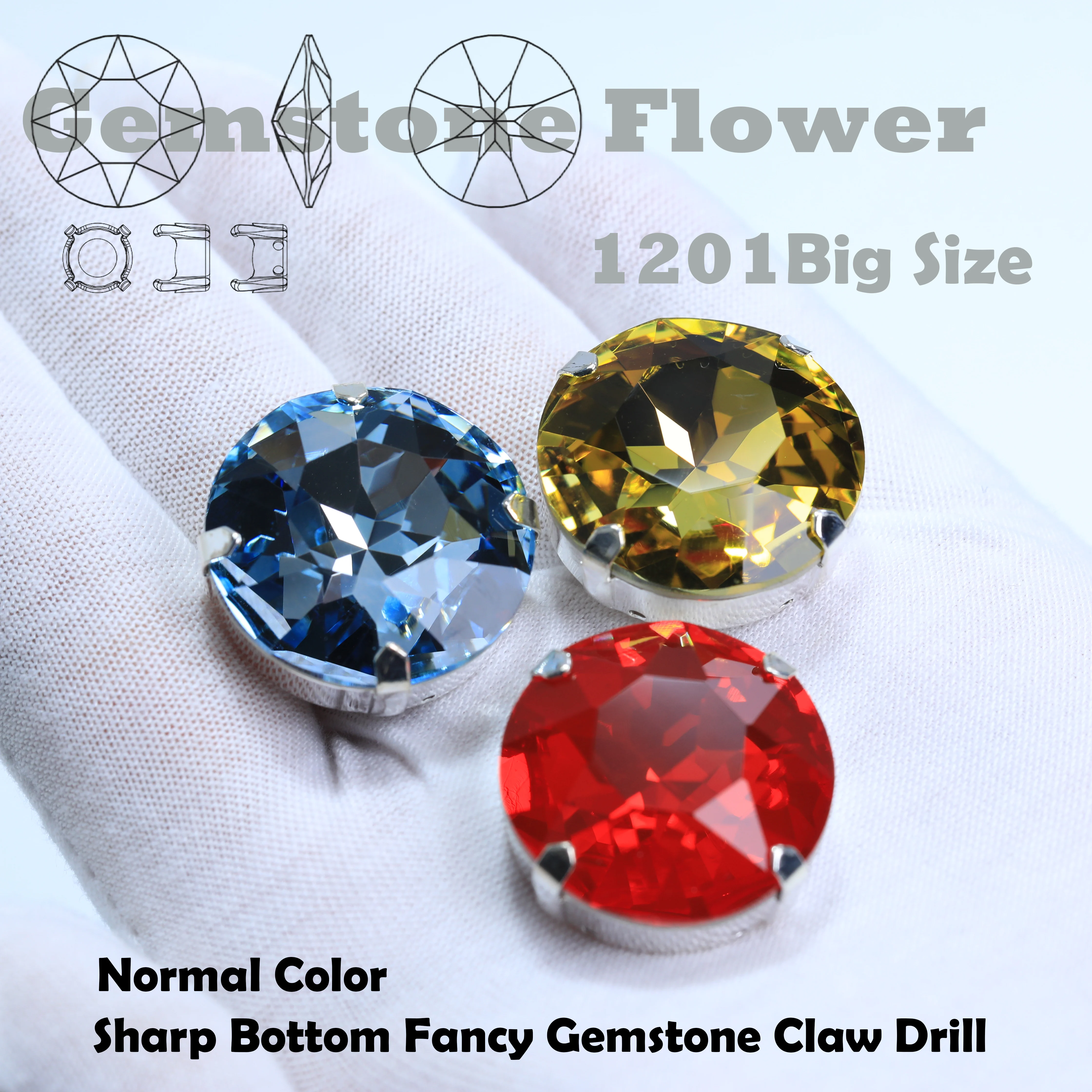 27mm Large GemFlower Claw Rhinestones Sew On Crystal Rhinestone Strass Silver Gold Base for Bridal Costume Shoes Wholesale