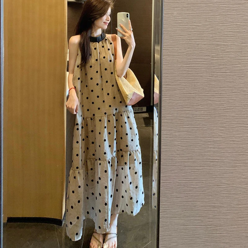 2024 Women's Summer Boho Long Dress Elegant O-Neck Party Dresses Vintage Polka dot Sleeveless Sexy Loose Ruffle Beach Dress Y2K