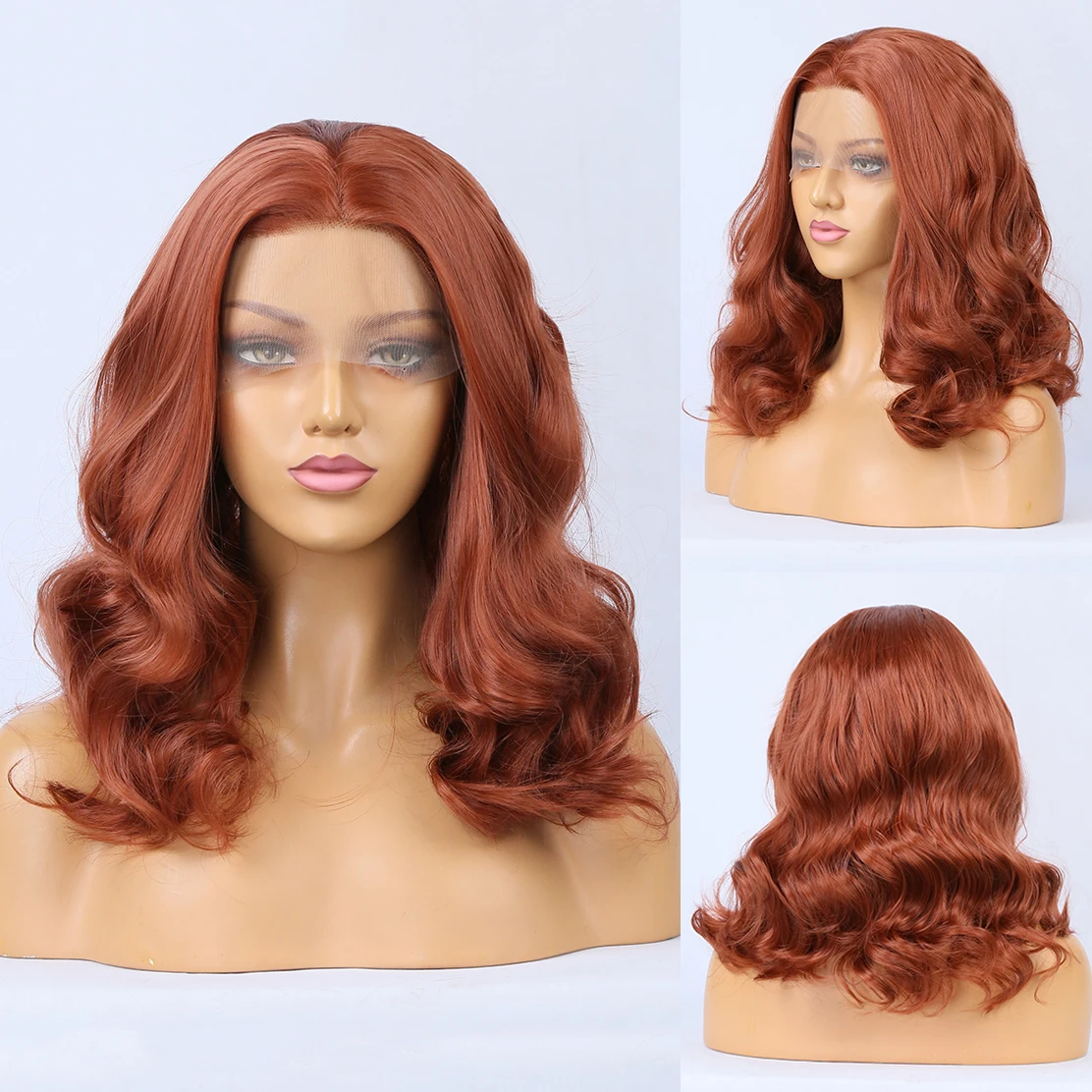 UStyleHair Black Short Wave Wig Synthetic Bob Hair Lace Front Wig Natural Hairline Ombre Copper /Light Grey/Blue Short Hair