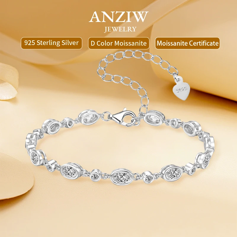 

Anizw 2025 New Full Moissanite Tennis Bracelets for Women 925 Silver Oval Round Cut Lab Diamond Bezel Setting Certified Jewelry